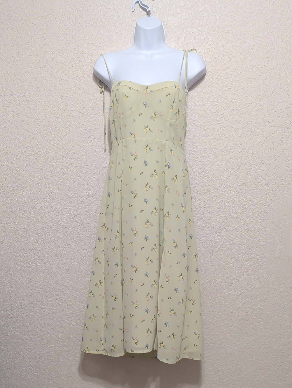 Forever 21 light sage green floral sleeveless tie shoulder bustier midi dress
